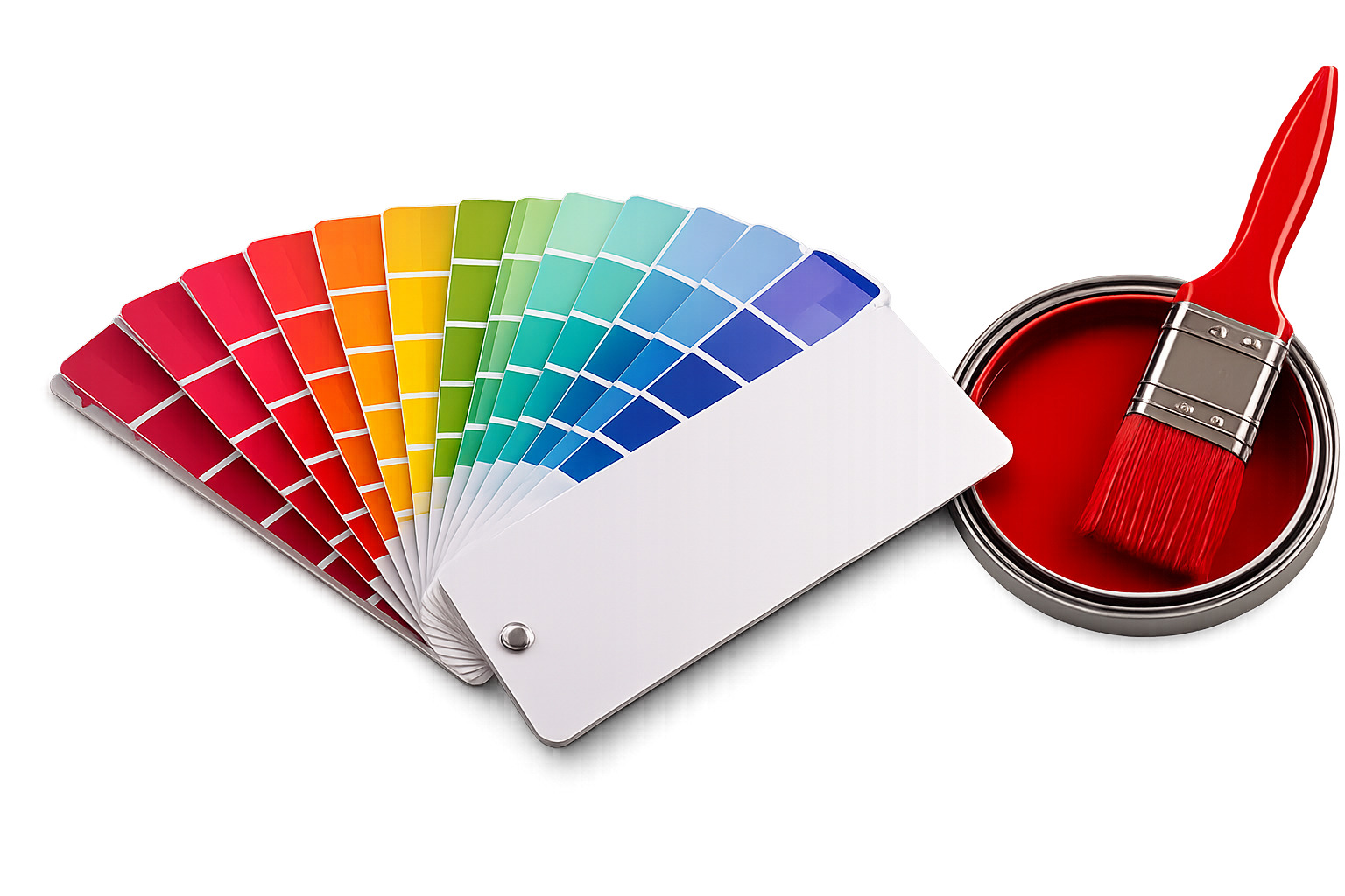 Colour fan deck beside a red paint tin and brush