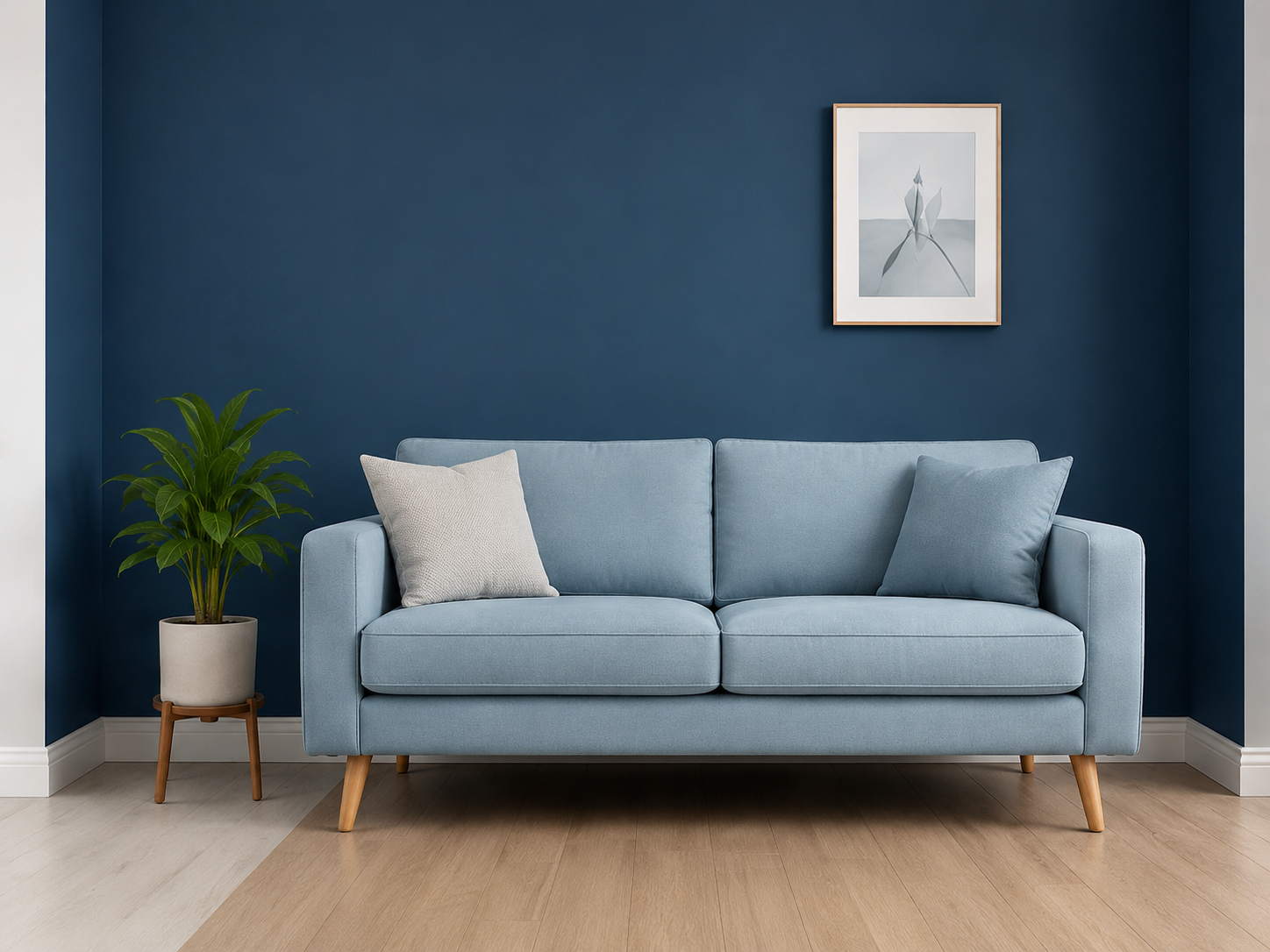 Living room with a navy painted wall and light blue sofa for colour visualization